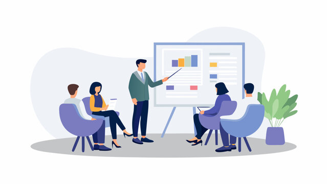 Business presentation with a speaker at a whiteboard and an attentive audience seated in chairs illustrating a meeting or training session