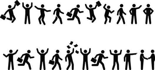 Business stick figures, office celebration, teamwork icons, dynamic poses, success concept, professional gestures, motivation, collaboration, silhouette actions, energy