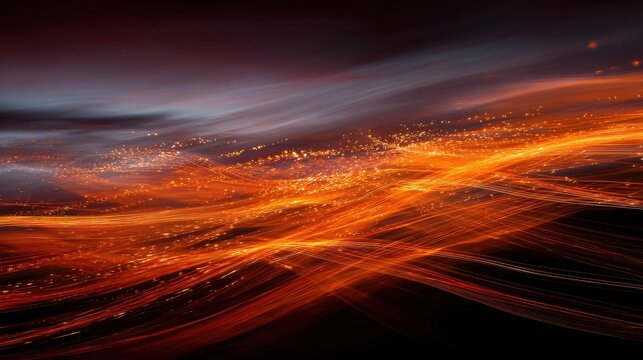 Dynamic fiery light trails form a vibrant abstract energy flow background.