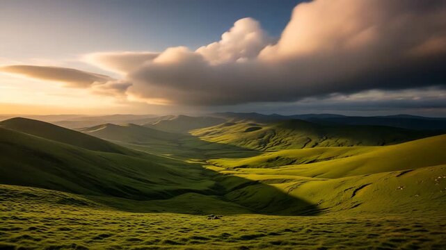 Breathtaking green rolling hills under a dramatic sky with textured cloud formations
