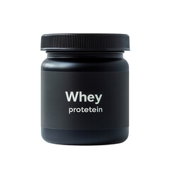 A black jar of whey protein supplement with a minimalist label, isolated on transparent background ideal for fitness enthusiasts and healthconscious individuals