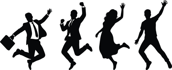 Jumping silhouettes, celebration pose, business success, casual joy, expressive movement, airborne figures, energy, emotion, achievement, professional attire
