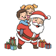 Santa Claus Giving Piggyback Ride to Kids &ndash; Christmas Fun Illustration