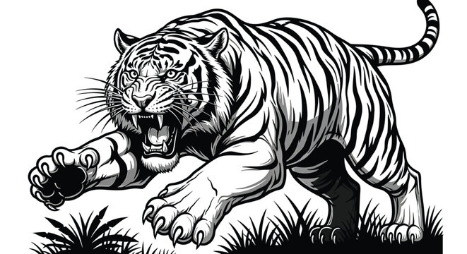 Dynamic black and white illustration of a fierce tiger in an aggressive pouncing stance, showcasing its sharp fangs and extended claws