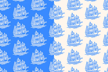 Sailing ship hand drawn seamless pattern on blue beige background for nautical and coastal merchandise. Galleon engraving doodle pattern background. Marine vessel hatching motif wallpaper