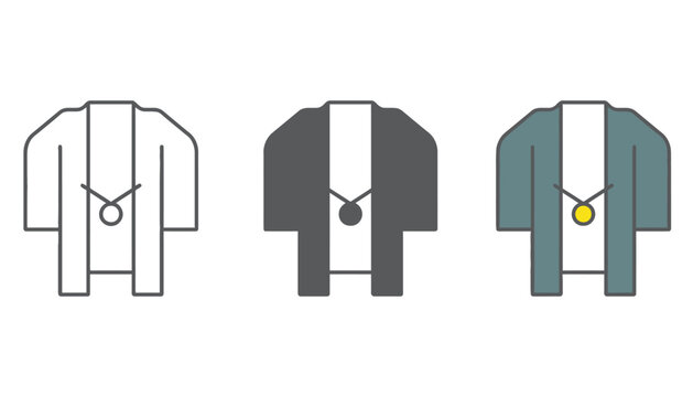 Modern, stylized icons representing formal jackets or suits in different color variations.