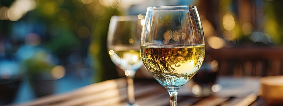 Elegant white wine tasting for two on a rustic wooden table, illuminated by the warm glow of a summer sunset