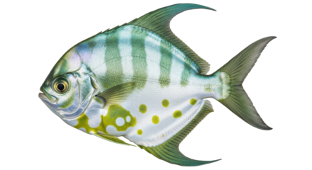 Isolated juvenile spotted pompano fish close-up with vibrant coloration against no background