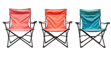 Three colorful folding camping chairs isolated on transparent background, each in a different hue, offering a comfortable and portable seating solution for outdoor adventures