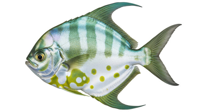 Isolated juvenile spotted pompano fish close-up with vibrant coloration against no background