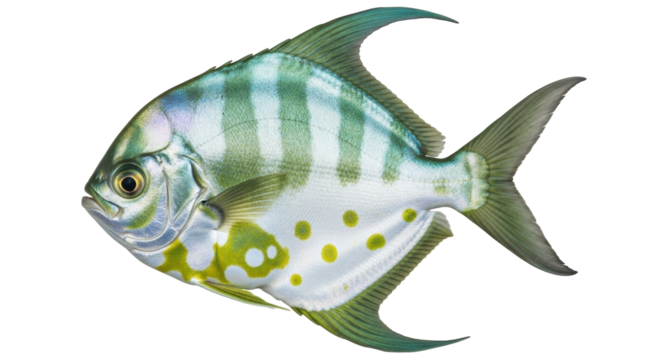 Isolated juvenile spotted pompano fish close-up with vibrant coloration against no background