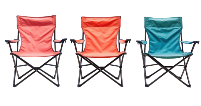 Three colorful folding camping chairs isolated on transparent background, each in a different hue, offering a comfortable and portable seating solution for outdoor adventures