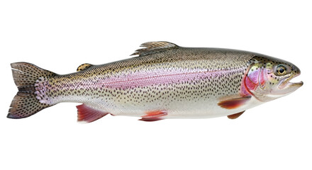 Isolated Rainbow Trout swimming, fish with pink stripe and open mouth, full view side profile