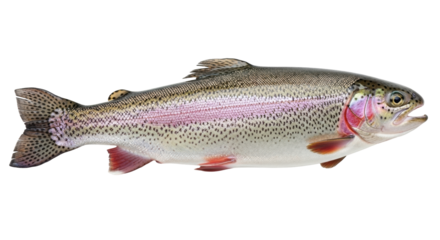 Isolated Rainbow Trout swimming, fish with pink stripe and open mouth, full view side profile