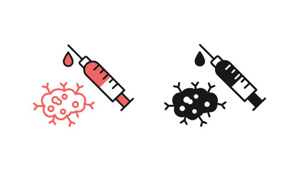 Medical syringe with drop of liquid poised over a stylized representation of cells or virus
