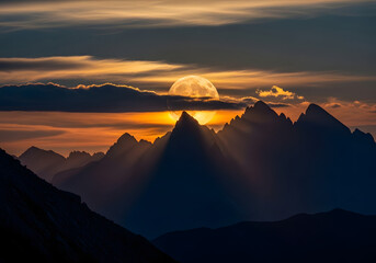 Dramatic sunset over mountain range with full moon silhouetted against a golden sky