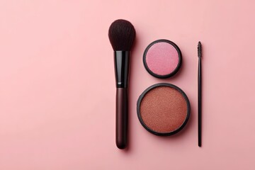 Makeup products arranged on a pink background