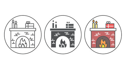 Cozy Christmas fireplaces with glowing fires, candles, and gift boxes, depicted in three distinct icon styles.