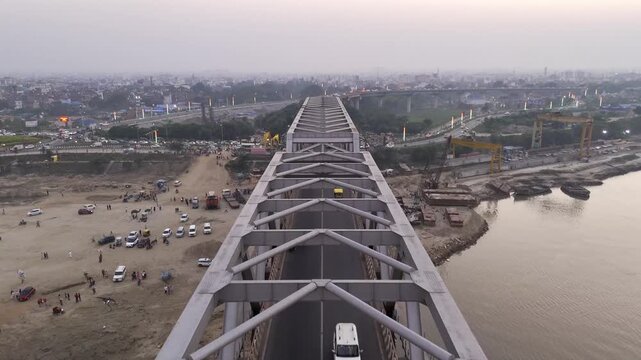 Digha Sonpur Bridge across river Ganga, Marine Drive and JP Ganga Path in view, Patna, Bihar, Drone shot