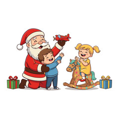 Santa Claus Playing With Children &ndash; Airplane Toy and Rocking Horse
