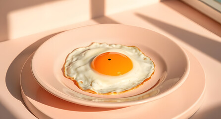 A stylized and minimal image featuring a perfectly cooked sunny side up egg with a bright orange yolk. The egg is centered on a pink ceramic plate. The setting uses a monochromatic pink background.