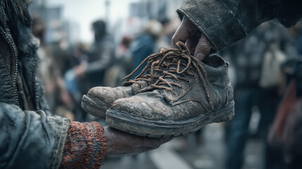 Hand charity giving old shoes to homeless person