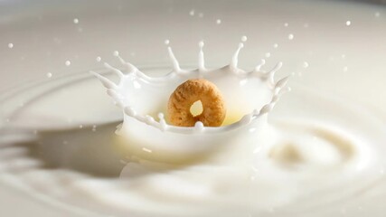 Cereal ring falling into milk generating a splash perfect for breakfast promotion