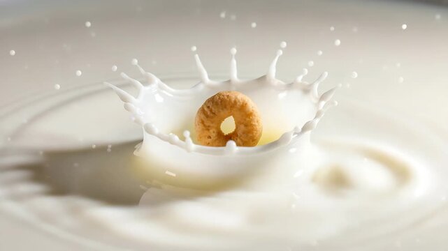 Cereal ring falling into milk generating a splash perfect for breakfast promotion