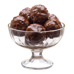 A glass pedestal bowl filled with chocolate covered malt balls isolated on transparent background, creating a tempting and sweet treat for any occasion
