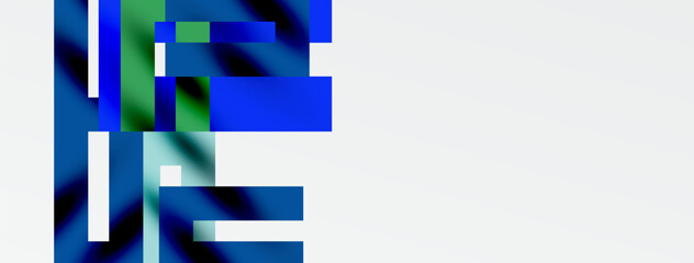 Abstract geometric shapes, blue, green hues dominate. Minimalist design, clean lines, modern aesthetic. White space provides balance.