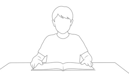 Focused child engrossed in reading a book at a table, symbolizing education and imagination.