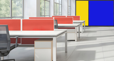Bright modern open-plan office interior with clean workstations and colorful partition panels