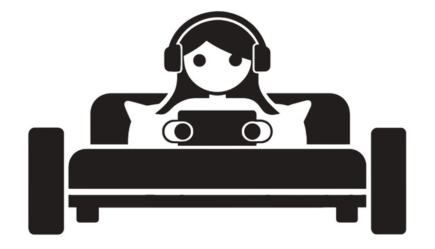 Person relaxing on sofa with headphones and tablet, enjoying entertainment