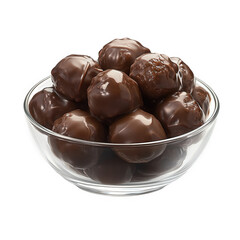 A clear glass bowl brimming with chocolate covered malt balls isolated on transparent background, a delightful and irresistible confection for any sweet tooth