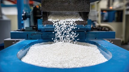 Close-Up of Plastic Pellets Being Processed in Manufacturing Equipment at Industrial Plant
