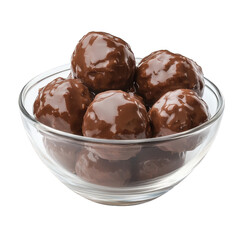 A glass bowl filled with chocolate covered malt balls isolated on transparent background, a tempting and delectable treat for any chocolate lover