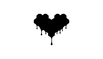 Black heart symbol with melting drips on a white background, symbolizing sadness or broken love.