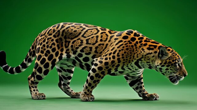 A powerful wild cat like a leopard or jaguar stalking low with tense controlled steps on a green screen, showing detailed fur and slow predatory motion