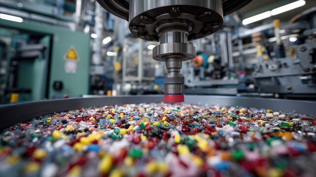 Close-Up View of Industrial Machinery Processing Colorful Plastic Pellets in Modern Manufacturing Facility