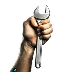 A hand holding a shiny metal wrench isolated on transparent background, showcasing strength and precision in a closeup shot of a tool commonly used in repairs