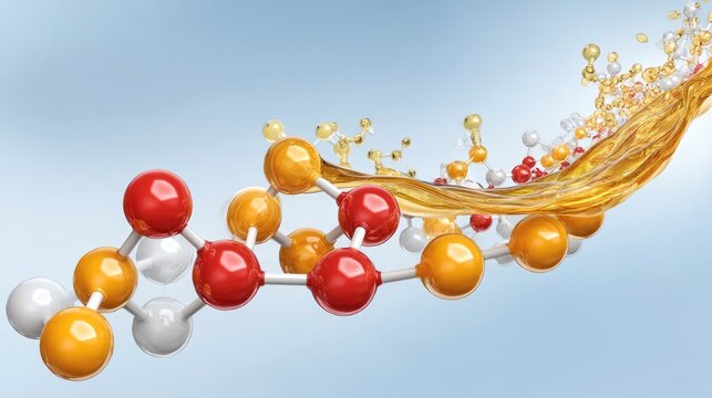 Abstract representation of molecular structures with colorful spheres and fluid dynamics illustrating chemistry concepts