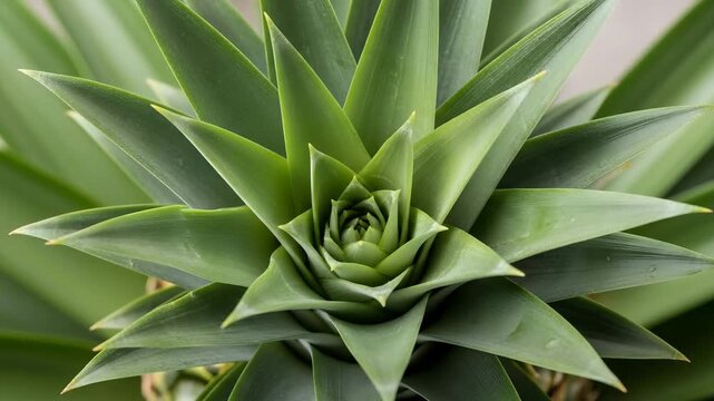 Close up shot of lush green pineapple plant leaves in natural light