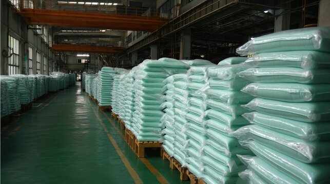 Warehouse Full of Stacked Green Plastic Bags Ready for Distribution in Manufacturing Facility - Powered by Adobe