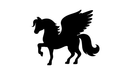 Majestic winged horse silhouette soaring against a white background, symbolizing freedom and myth.
