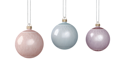 Pastel pink, blue, and purple christmas ornaments hanging, festive decoration.