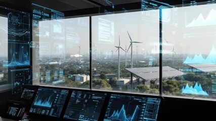 Control room overseeing wind turbines, solar panels, and cityscape data displays - FOOTAGE - Powered by Adobe