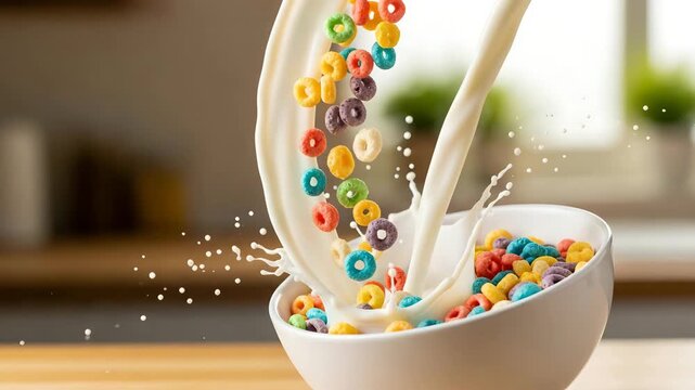 Colorful cereal and milk pouring creating splash and breakfast deliciousness