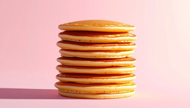 Stack of fluffy American pancakes with natural lighting, isolated on a plain background