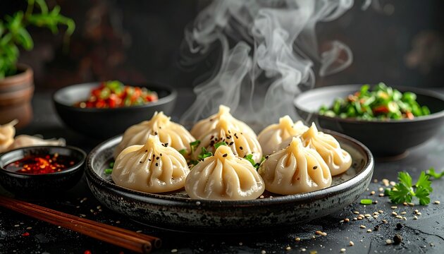 Realistic Korean mandu dumplings arranged neatly, subtle steam rising, placed on a clean neutral background