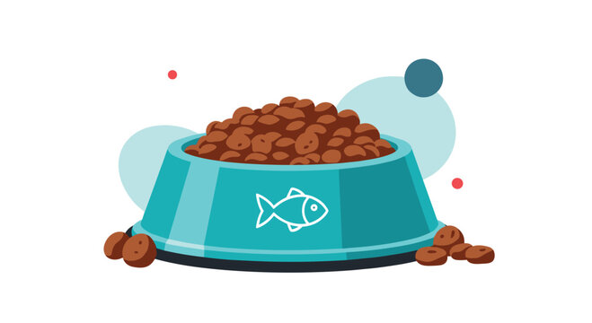 A vibrant blue pet food bowl overflowing with dry kibble for a cat or dog with a white fish symbol on the front of the dish.